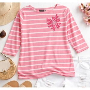 Floral Applique Striped 3/4 Sleeve Top Coastal Grandma‎ Bob Mackie Women's Large